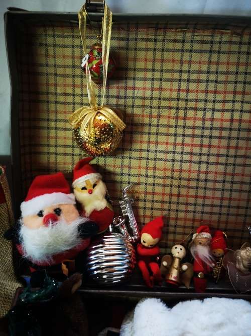 A stunning big lot of vintage Christmas decorations and gifts in a gorgeous vintage case