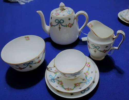 Crown Staffordshire Hand Painted Tea Trio Milk, sugar and teapot