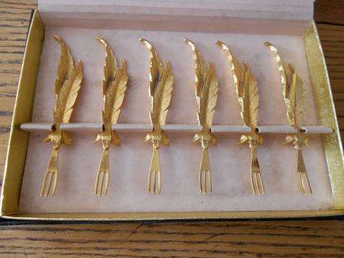 Janis Collection "24 Ct Gold Plated "Cocktail forks in the original box - Circa 1950