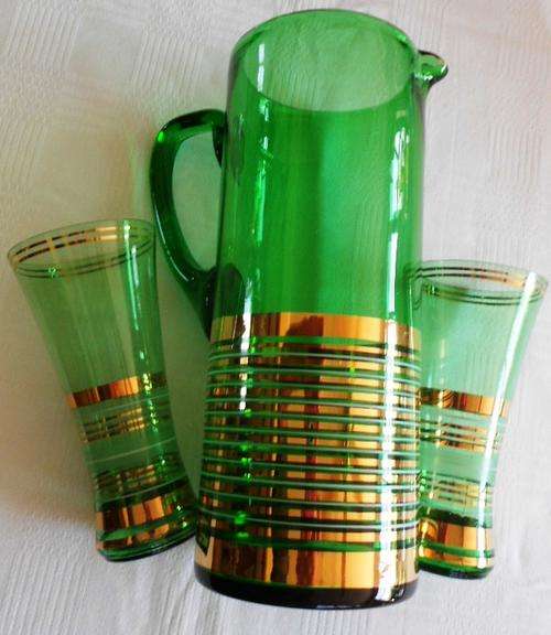 Art Deco Green Jug & 2 Glasses