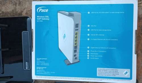 Box of electronics 2xRouters, wireless phones, hand cam,  CPU, cooling pad wires and so on