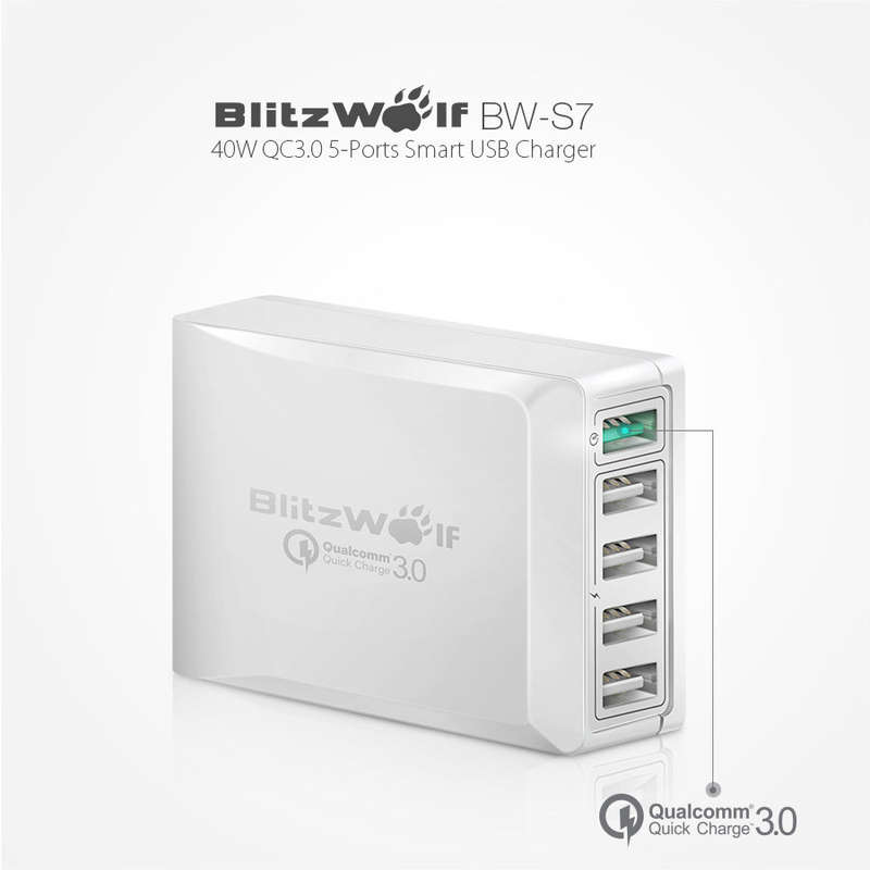 BlitzWolf® BW-S7 QC3.0 40W Smart 5-Ports High Speed Desktop USB Charger Adapter (Qualcomm Certified)