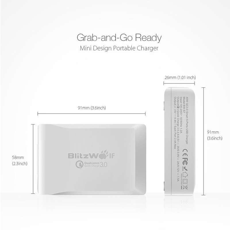 BlitzWolf® BW-S7 QC3.0 40W Smart 5-Ports High Speed Desktop USB Charger Adapter (Qualcomm Certified)