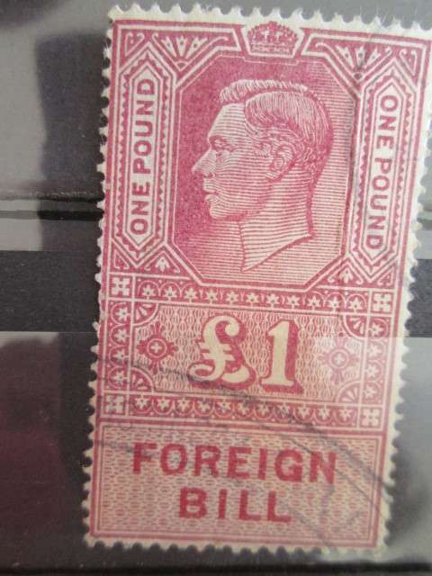 KING GEORGE VI PURPLE FOREIGN BILL STAMP AND 2 6D QUEEN E MINT REVENUE STAMPS