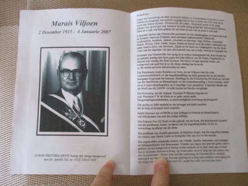 FUNERAL PROGRAMME OF PAST PRESIDENT - MARAIS VILJOEN 1915 - 2007