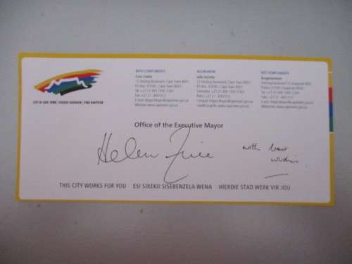 AUTOGRAPHED / SIGNED - COMPLIMENTARY SLIP -EXECUTIVE MAYOR- HELEN ZILLE
