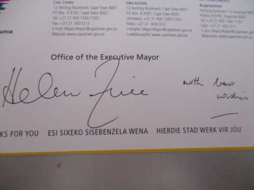 AUTOGRAPHED / SIGNED - COMPLIMENTARY SLIP -EXECUTIVE MAYOR- HELEN ZILLE