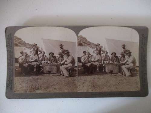 BOER WAR - STEREO CARD - GENERAL DEWET BURGHERS AT BREAKFAST