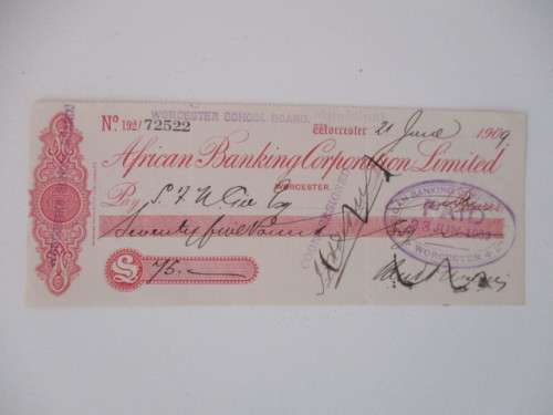 ANTIQUE CHEQUE - STEFANIS FRANCOIS NAUDE GIE -  FOUNDER OF THE VOORTREKKERS 1909