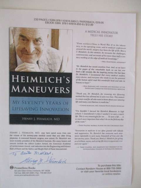 AUTOGRAPHED / SIGNED HENRY HEIMLICH INVENTOR OF THE HEIMLICH`S MANEUVERS