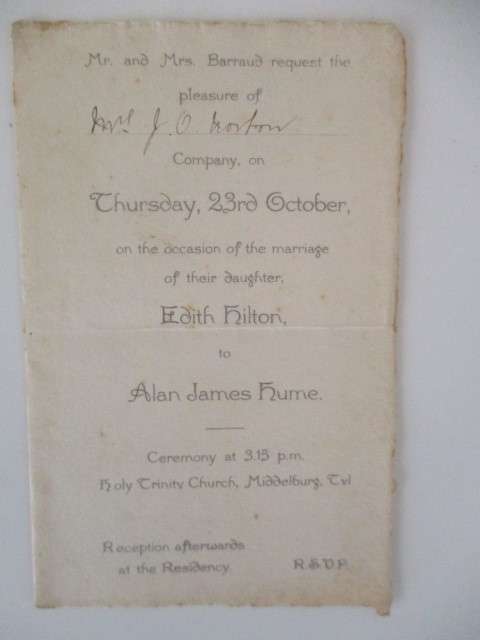 VINTAGE WEDDING INVITATION OF EDITH HILTON TO ALAN JAMES HUME