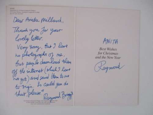 WRITTEN AND SIGNED CARD BY RAYMOND BRIGGS - AUTHOR AND CARTOONIST