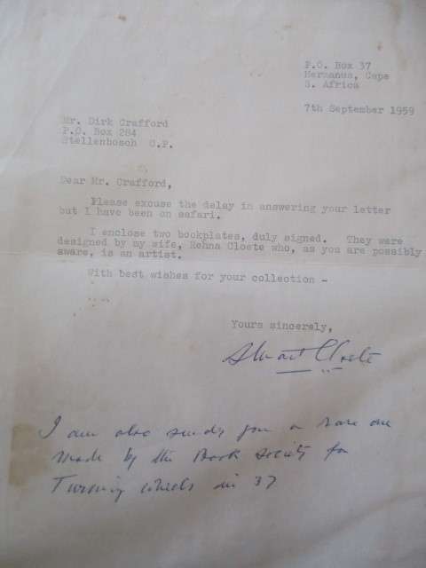 LOVELY LETTER FROM STUART CLOETE- SOUTH AFRICAN NOVELIST BIOGRAPHER 1897-1976