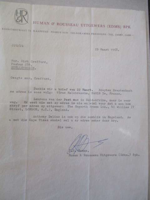 LOVELY SIGNED LETTER OF THE BOOK PUBLISHERS HUMAN and ROUSSEAU 1968