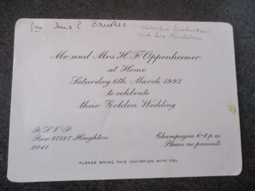 WEDDING INVITE OF HARRY OPPENHEIMER - GOLDEN AND NICKY OPPENHEIMER LETTER