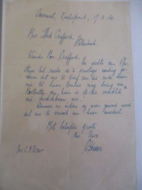 HAND WRITTEN LETTER  BY PRESIDENT STEYN`S  SON IN LAW