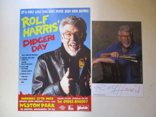 AUTOGRAPHED SIGNED - ROLF HARRIS POST CARD SIZE WITH MINI POSTER COMEDIAN SINGER ARTIST