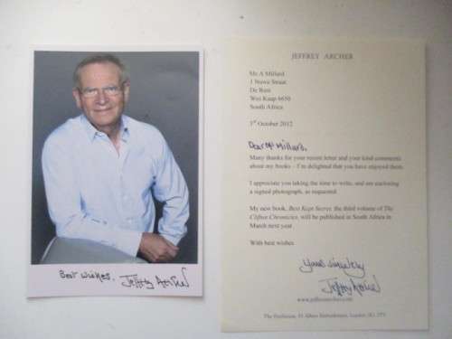 AUTOGRAPHED SIGNED JEFFREY ARCHER AND LETTER ABOUT HALF SIZE OF A4 AUTHOR