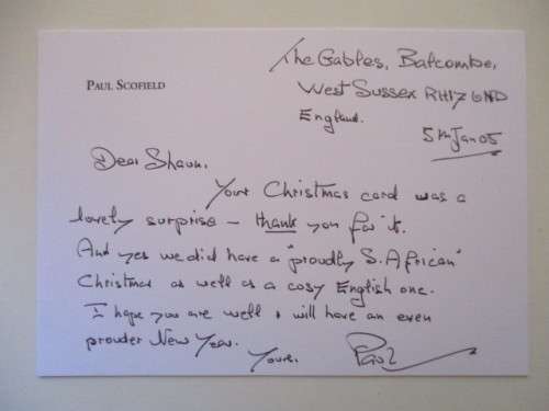 AUTOGRAPHED SIGNED -  HAND WRITTEN THANK YOU CARD PAUL SCHOFIELD CARD