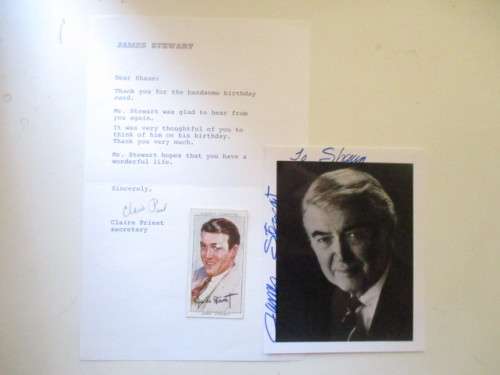AUTOGRAPHED SIGNED POST CARD SIZE JAMES STEWART AND SEC.LETTER AND CIG. CARD