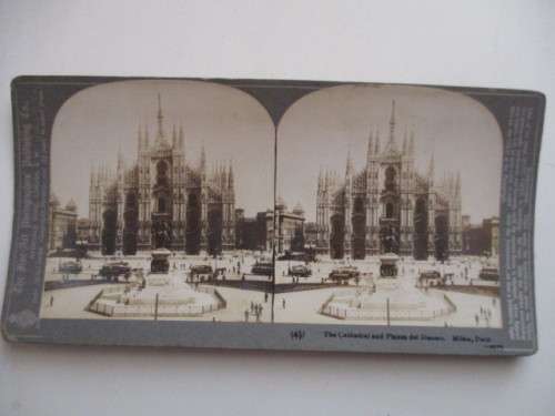 VICTORIAN - STEREOSCOPE CARD - THE CATHEDRAL AND PLAZA  MILAN ITALY  1800`S