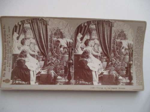 VICTORIAN - STEREOSCOPE CARD -  TRYING ON THE EASTER BONNET - 1800`S