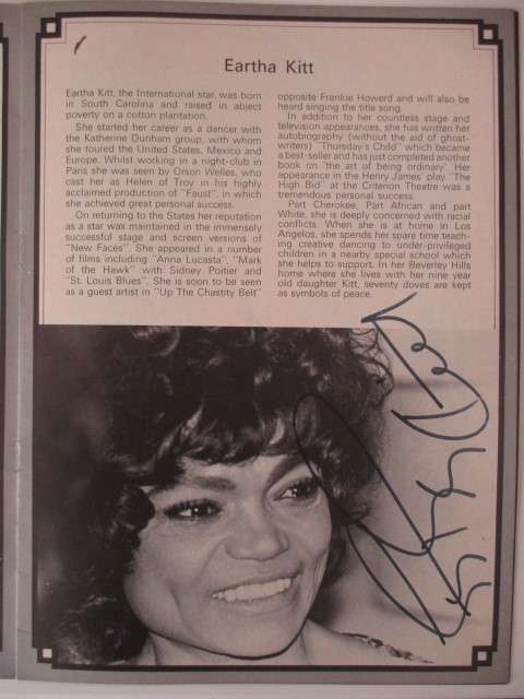 AUTOGRAPHED SIGNED - PROGRAMME EARTHA KITT AND  SOME NEWS PAPERS ARTICALS