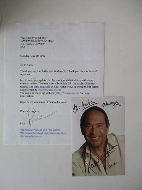 AUTOGRAPHED SIGNED - PAUL ANKA BIGGER THAN POSTCARD AND LETTER