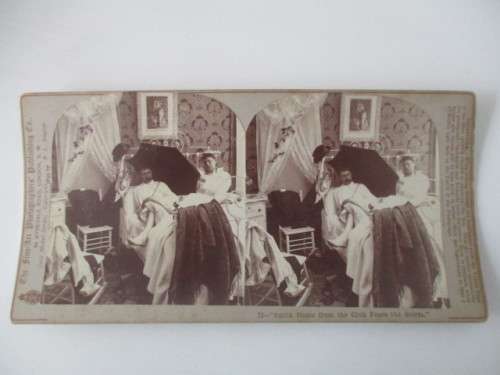 VICTORIAN - STEREOSCOPE CARD - 1800`S   - SMITH HOME FROM THE CLUB FEARS THE STORM
