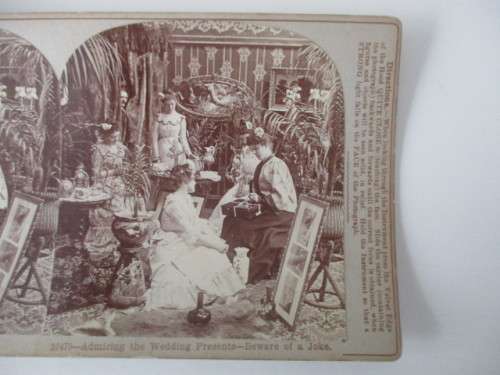 VICTORIAN - STEREOSCOPE CARD -  1800`S -  ADMIRING  THE WEDDING PRESENTS ....