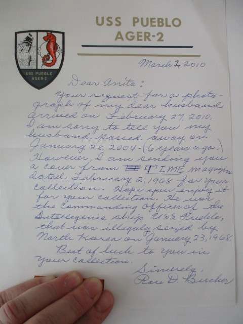 AUTOGRAPHED SIGNED -  CAPTAIN LLOYD BUCHER  AND WIFE WRITTEN LETTER - USS PUEBLO AGER - 2 SHIP   A4