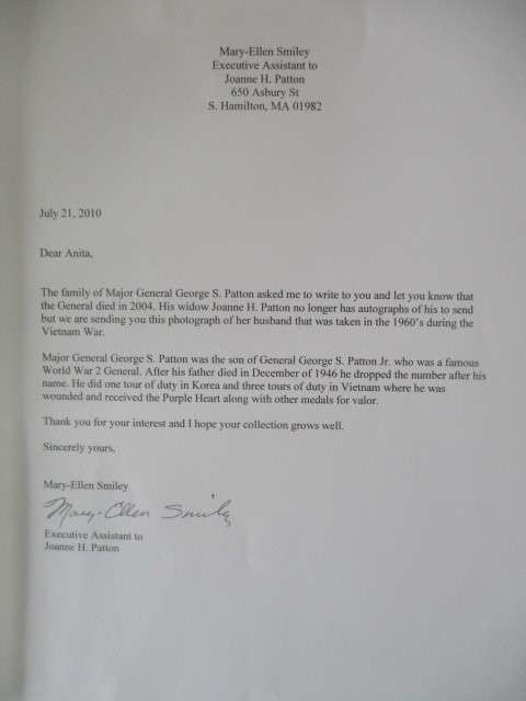 PHOTOGRAPH  GENERAL GEORGE S. PATTON  AND LETTER FROM HIS WIFE A4 SIZE
