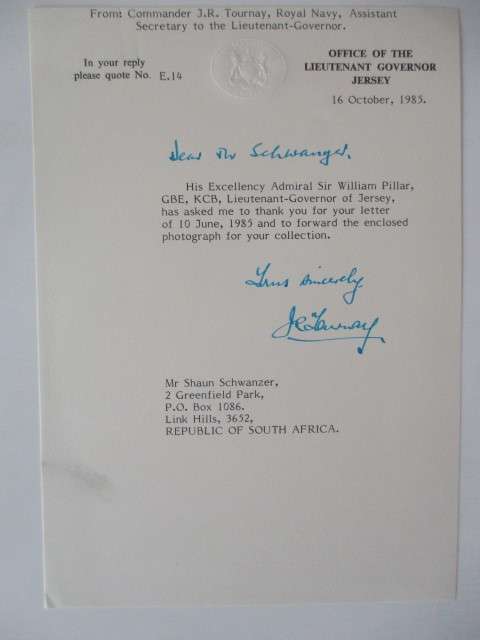 PHOTOGRAPH OF ADMIRAL SIR WILLIAM PILLAR LIEUTENANT GOVERNOR OF JERSEY AND  LETTER