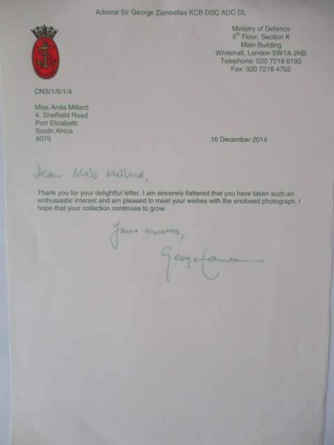 AUTOGRAPHED SIGNED / ADMIRAL SIR GEORGE ZAMBELLAS AND LETTER A4