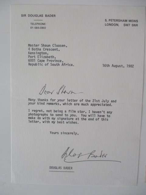 AUTOGRAPHED SIGNED -  SIR DOUGLAS BADER - DOUBLE AMPUTEE !!!!  PILOT SECOND WORLD WAR  SIGNED LETTER