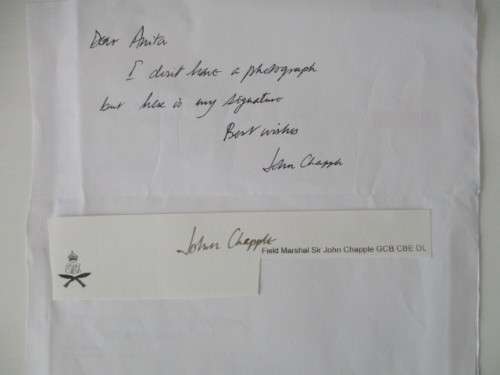AUTOGRAPHED SIGNED - LETTER AND SIGNATURE - FIELD MARSHAL SIR JOHN CHAPPLE