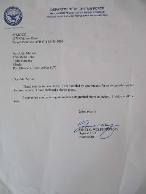 AUTOGRAPHED / SIGNED - GENERAL USAF COMMANDER JANET C. WOLFENBARGER A4