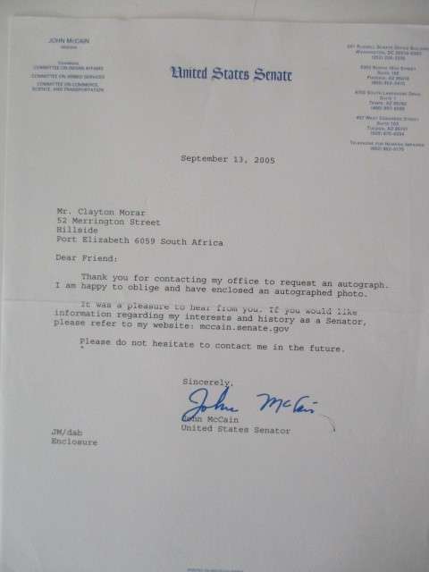 PRINTED AUTOGRAPH SENATOR JOHN MCCAIN A4 SIZE