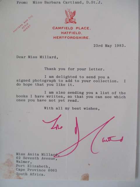 AUTOGRAPHED / SIGNED  PRINCESS DIANA GRAN / BARBRA CARTLAND  AND LETTER X 2 AUTOGRAPHS