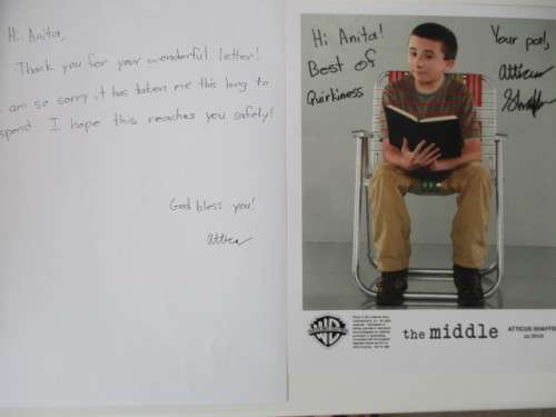 AUTOGRAPHED / SIGNED - ATTICUS SHAFFER - THE MIDDLE A4 AND LETTER RARE ITEM1111