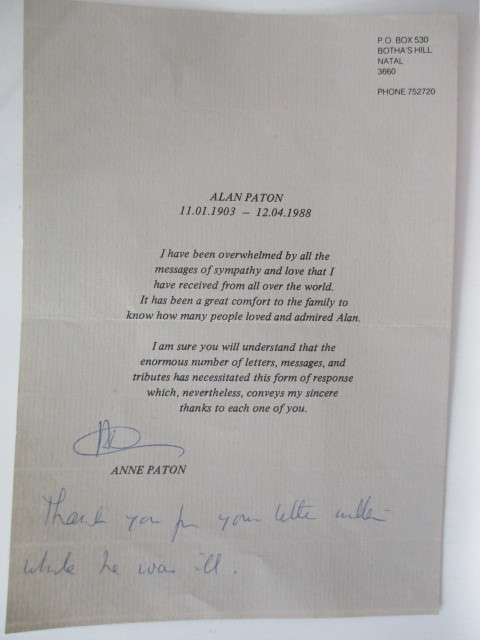 Autographed signed  ALAN PATON 1903 -1988 AND HIS WIFE ANNE PATON