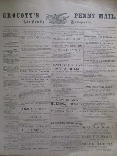 ANTIQUE NEWSPAPER -  GRAHAMSTOWN CAPE COLONY 1876 GROCOTT'S PENNY MAIL