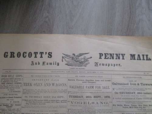 ANTIQUE NEWSPAPER -  GRAHAMSTOWN CAPE COLONY 1876 GROCOTT'S PENNY MAIL