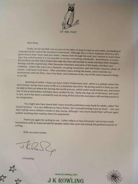 PRINTED LETTER FROM JK ROWLING WROTE A POEM TO HER TO GET THIS  A4 SIZE