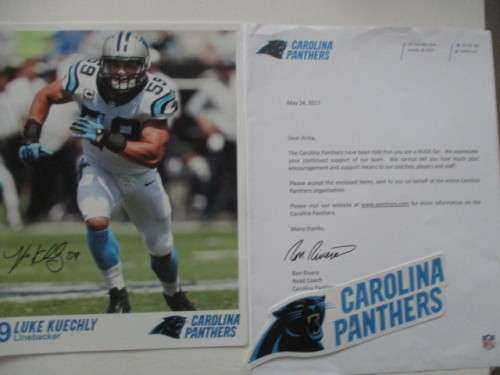 PRINTED AUTOGRAPH LUKE KUECHLY STICKER MAGAZINE AND LETTER