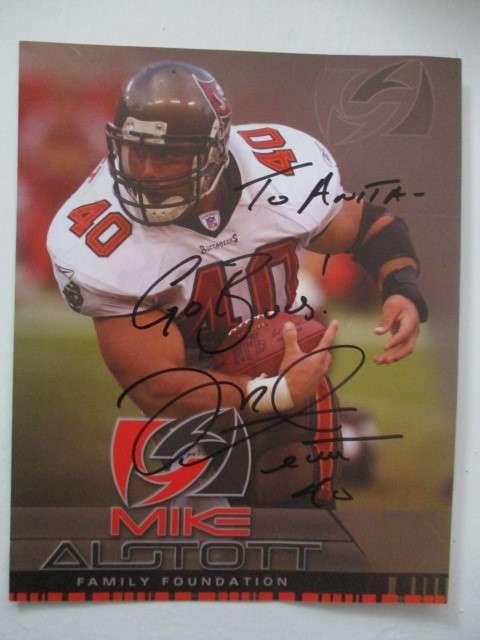AUTOGRAPHED / SIGNED - MIKE ALSTOTT   -  BUCCANEERS HALL OF FAME A4 SIZE