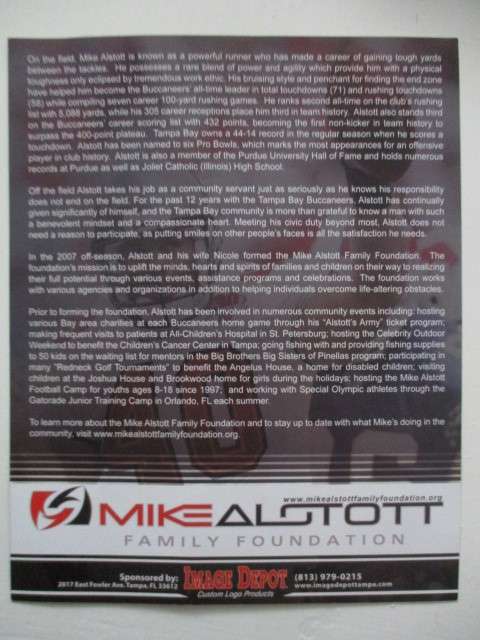 AUTOGRAPHED / SIGNED - MIKE ALSTOTT   -  BUCCANEERS HALL OF FAME A4 SIZE