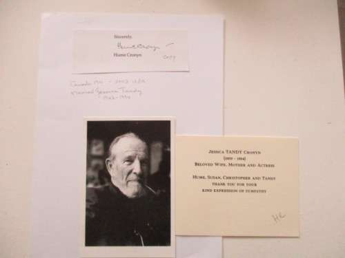 PRINTED NOTE FROM HUME CRONYN HUSBAND OF JESSICA TANDY ON HER PASSING