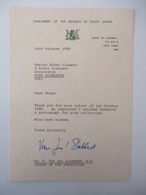 AUTOGRAPHED / SIGNED -  DR. F. VAN ZYL SLABBERT M.P.  1980