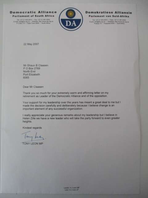 AUTOGRAPHED / SIGNED - TONY LEON - OPPOSITION LEADER  DA